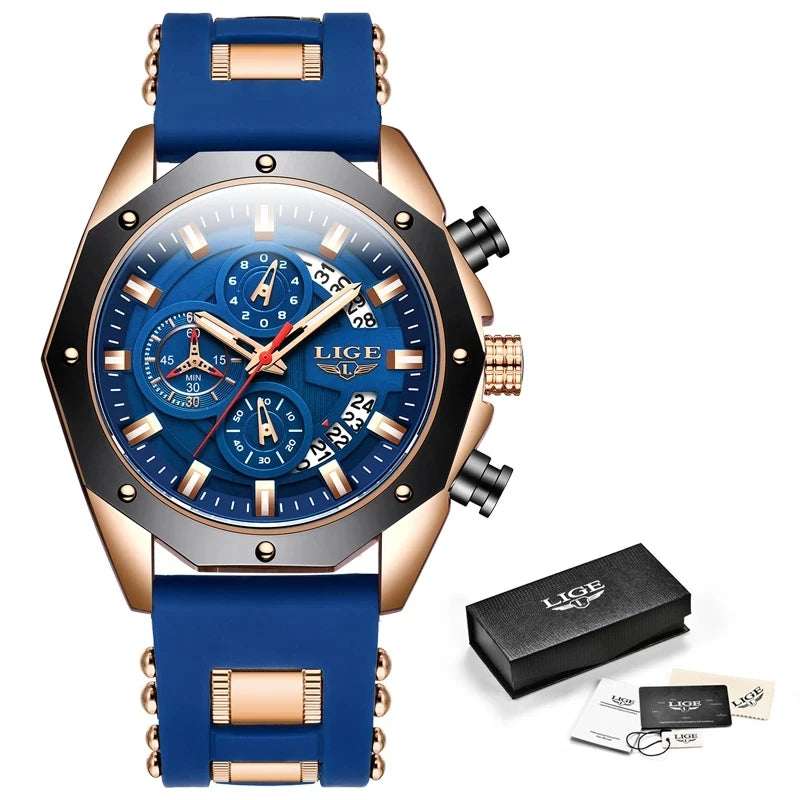 LIGE Blue Silicone Watch For Men Fashion Military Sport Chronograph