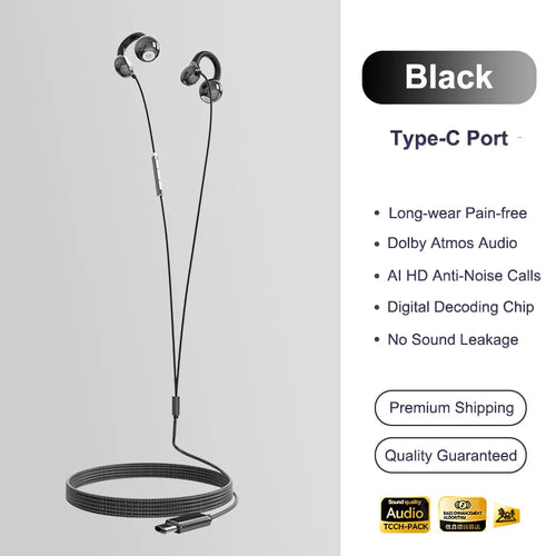 Clip-on Type C&3.5mm Wired Control Headphones HIFI Sound Sports