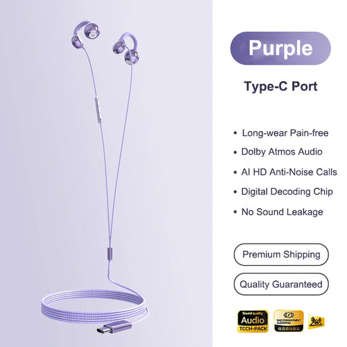 Clip-on Type C&3.5mm Wired Control Headphones HIFI Sound Sports
