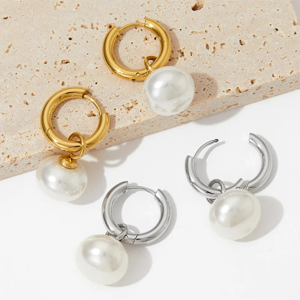 High Quality Imitation Pearls Drop Stainless Steel Golden Korean Hoop
