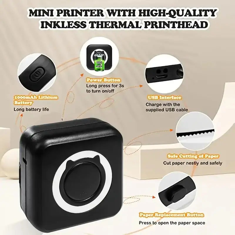 Portable Mini Thermal Printer Wirelessly BT 203dpi Photo Label Memo