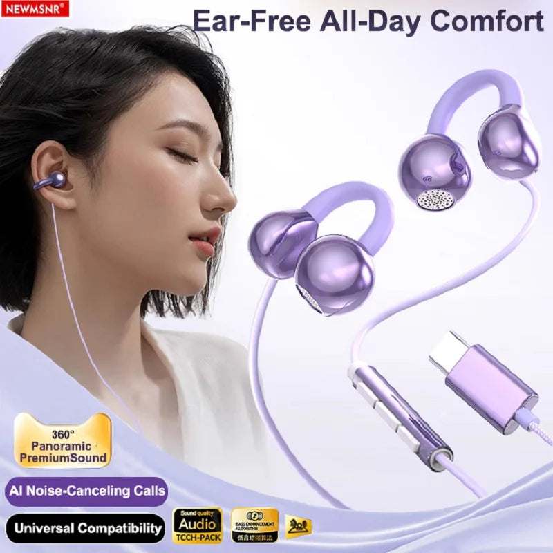 Clip-on Type C&3.5mm Wired Control Headphones HIFI Sound Sports