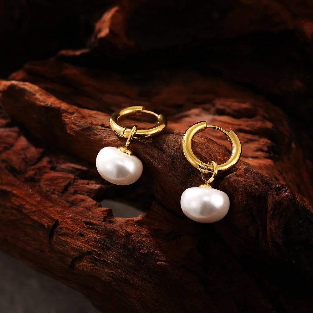 High Quality Imitation Pearls Drop Stainless Steel Golden Korean Hoop
