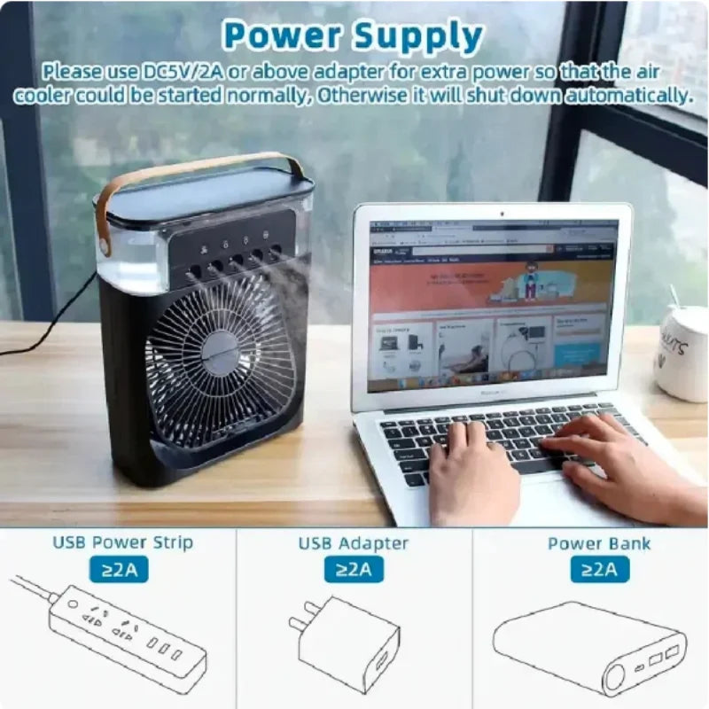 Mini Climatiseur 3-en-1 - Ventilateur/Humidificateur/LED - USB Portable