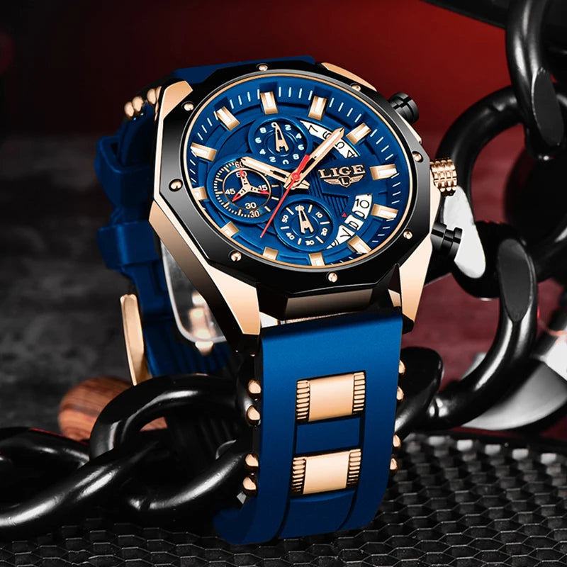 LIGE Blue Silicone Watch For Men Fashion Military Sport Chronograph