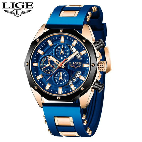 LIGE Blue Silicone Watch For Men Fashion Military Sport Chronograph