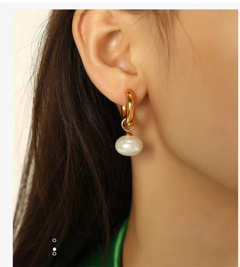 High Quality Imitation Pearls Drop Stainless Steel Golden Korean Hoop