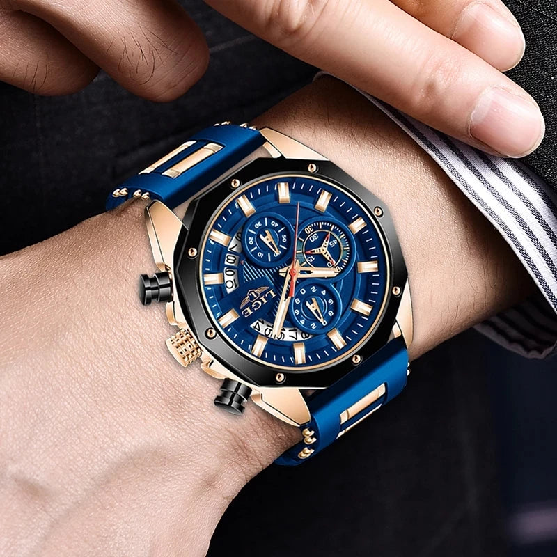 LIGE Blue Silicone Watch For Men Fashion Military Sport Chronograph