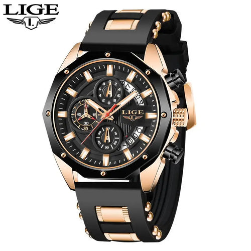 LIGE Blue Silicone Watch For Men Fashion Military Sport Chronograph
