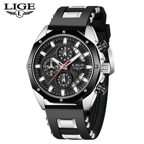 LIGE Blue Silicone Watch For Men Fashion Military Sport Chronograph