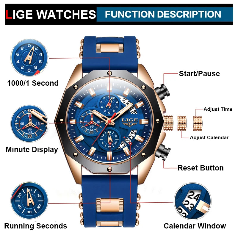 LIGE Blue Silicone Watch For Men Fashion Military Sport Chronograph
