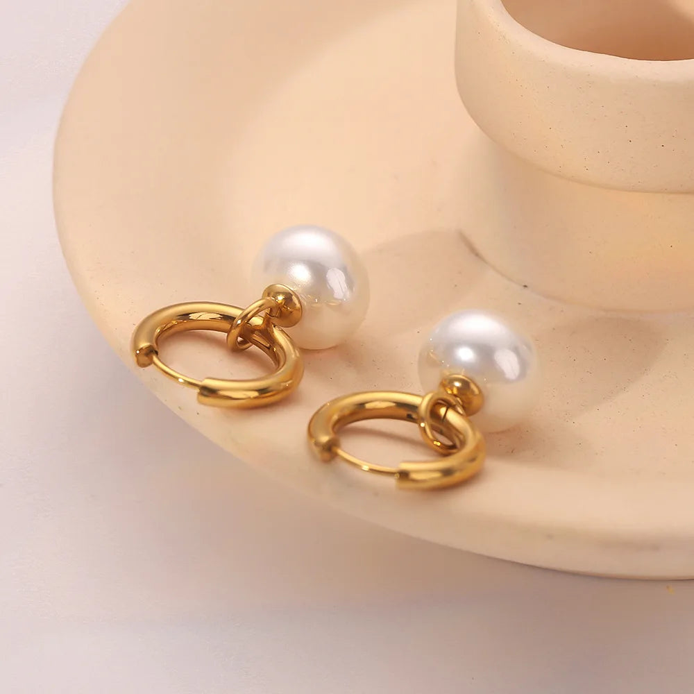 High Quality Imitation Pearls Drop Stainless Steel Golden Korean Hoop