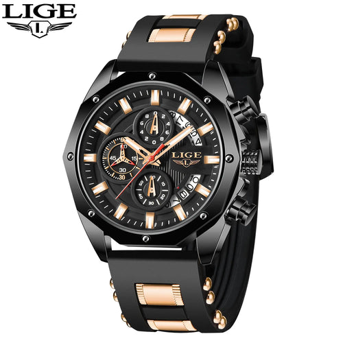 LIGE Blue Silicone Watch For Men Fashion Military Sport Chronograph