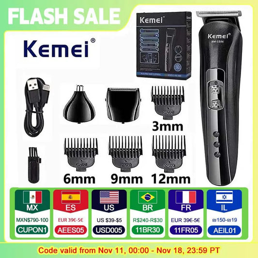 Rasoir Électrique 3-en-1 Kemei - USB Rechargeable - Barbe/Cheveux/Nez