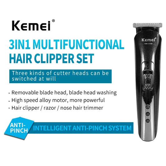 Rasoir Électrique 3-en-1 Kemei - USB Rechargeable - Barbe/Cheveux/Nez