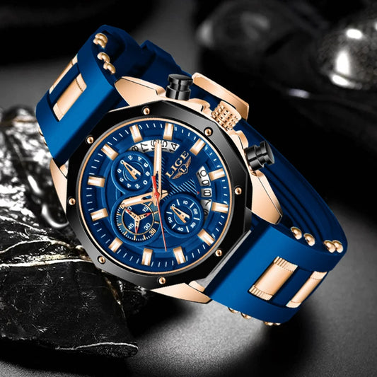 LIGE Blue Silicone Watch For Men Fashion Military Sport Chronograph