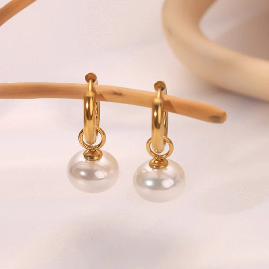 High Quality Imitation Pearls Drop Stainless Steel Golden Korean Hoop