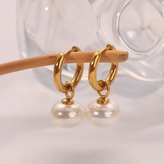 High Quality Imitation Pearls Drop Stainless Steel Golden Korean Hoop