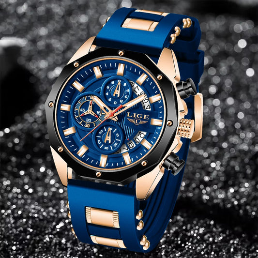 LIGE Blue Silicone Watch For Men Fashion Military Sport Chronograph