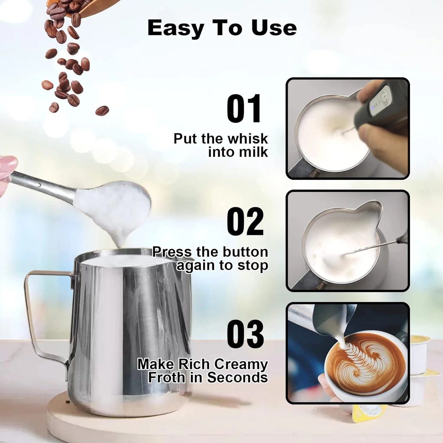 MINI Milk Frother USB Rechargeable 3 Speeds Foam Maker Coffee Whisk