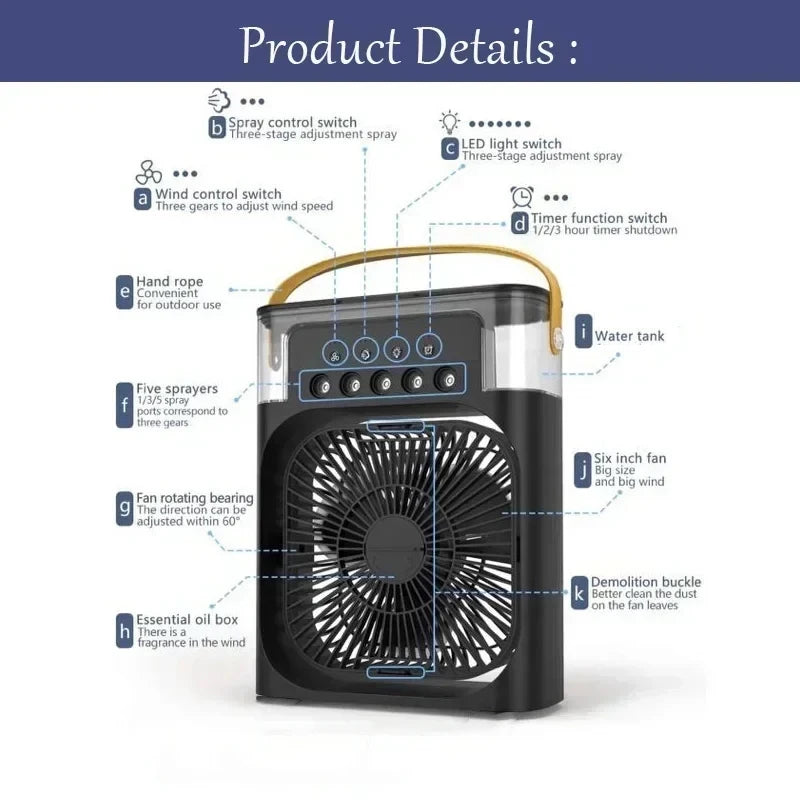Mini Ventilateur Humidificateur 3-en-1 - USB Portable - LED Multicolore