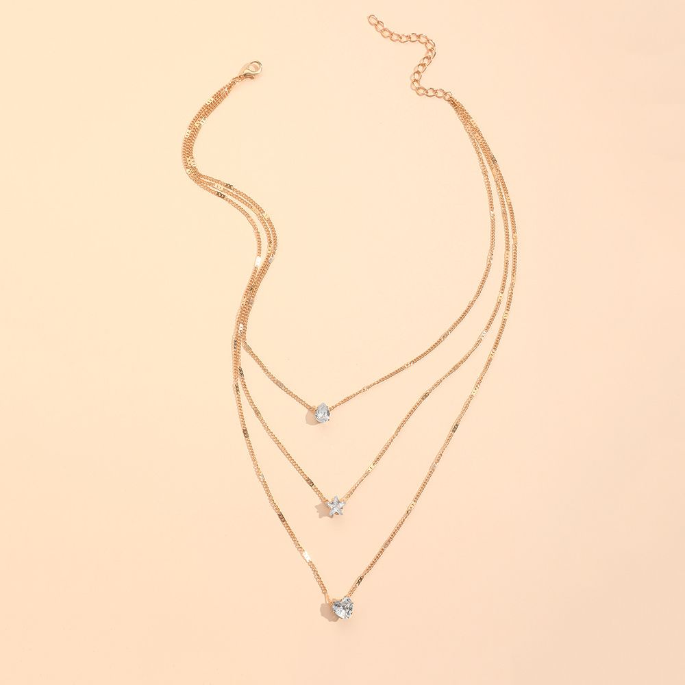 Collier Zircon Multi-Couches - Étoile et Goutte d'Eau - Bijou Élégant Femme