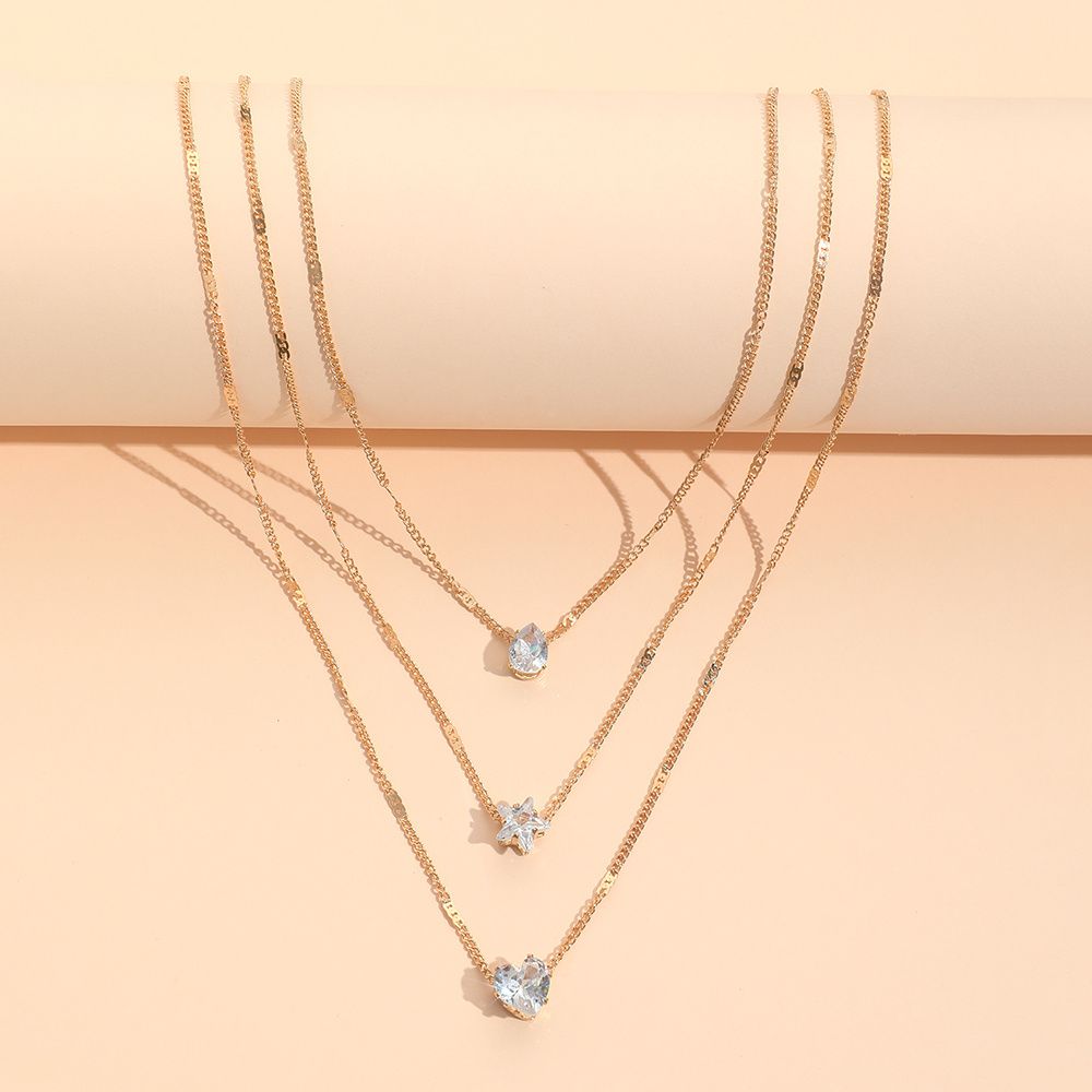 Collier Zircon Multi-Couches - Étoile et Goutte d'Eau - Bijou Élégant Femme