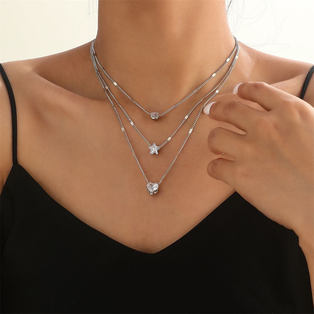 Collier Zircon Multi-Couches - Étoile et Goutte d'Eau - Bijou Élégant Femme