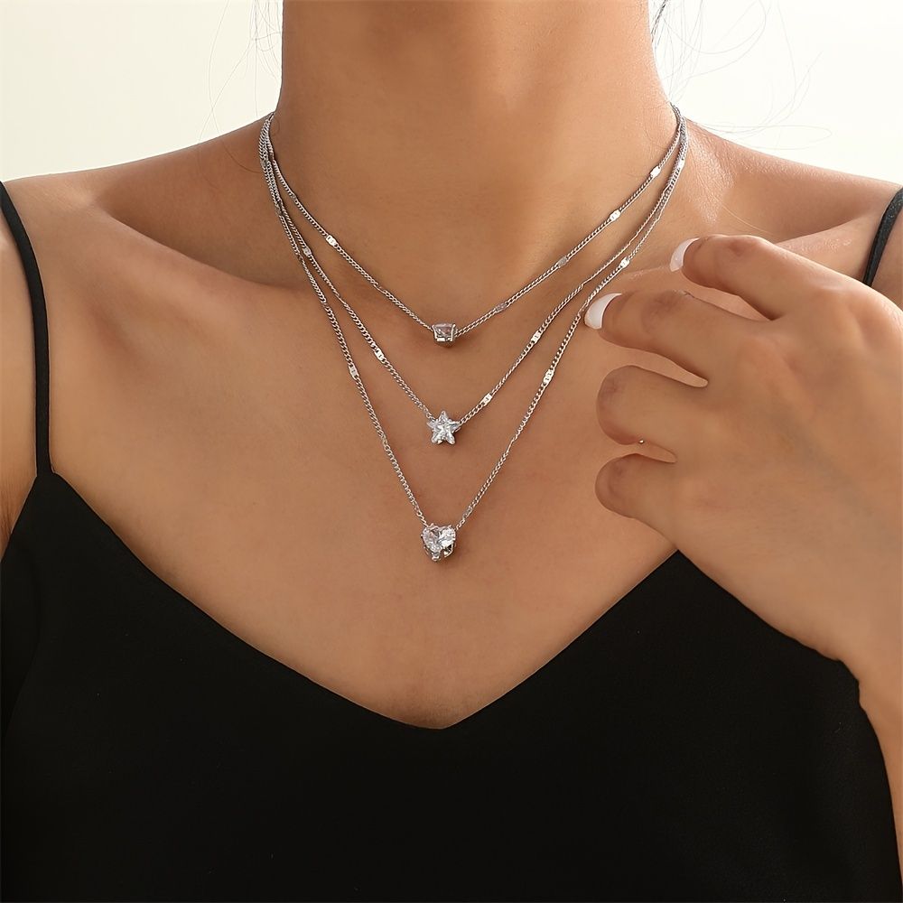 Collier Zircon Multi-Couches - Étoile et Goutte d'Eau - Bijou Élégant Femme
