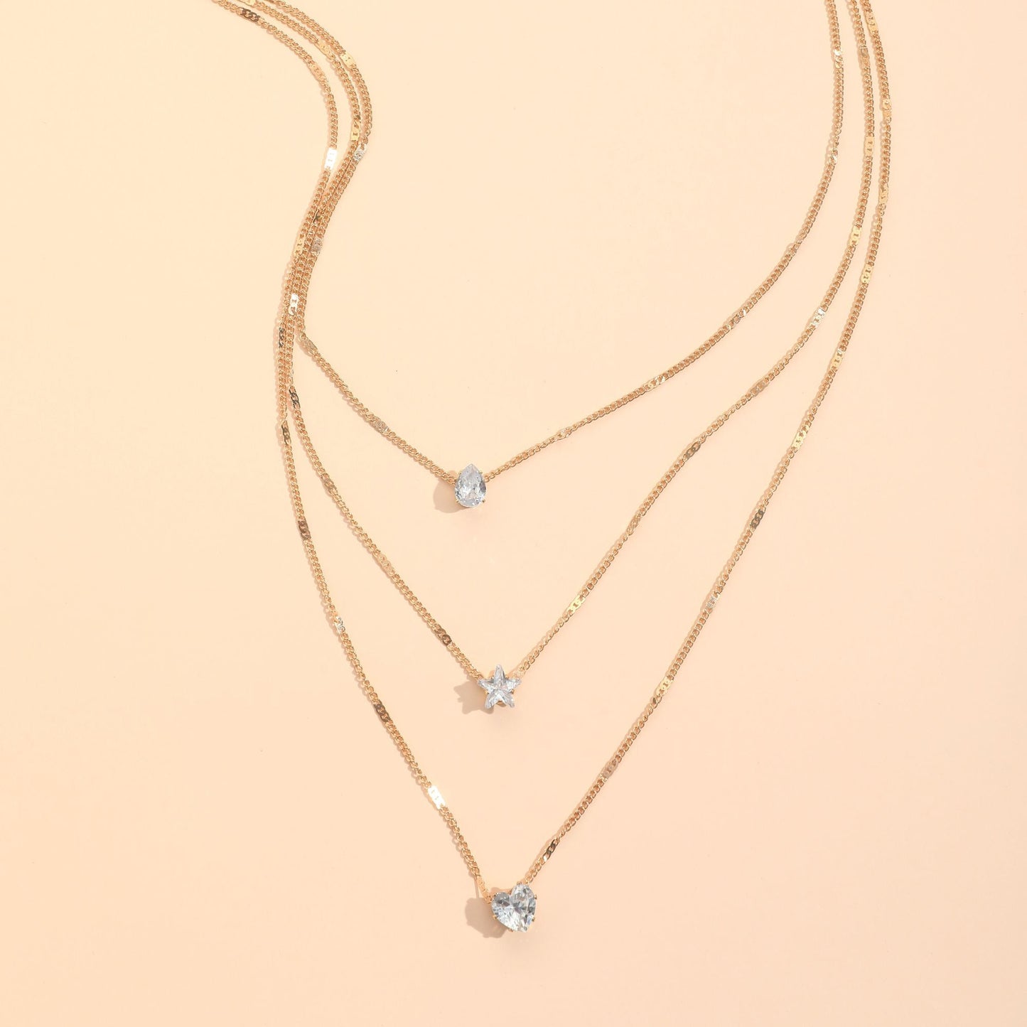 Collier Zircon Multi-Couches - Étoile et Goutte d'Eau - Bijou Élégant Femme
