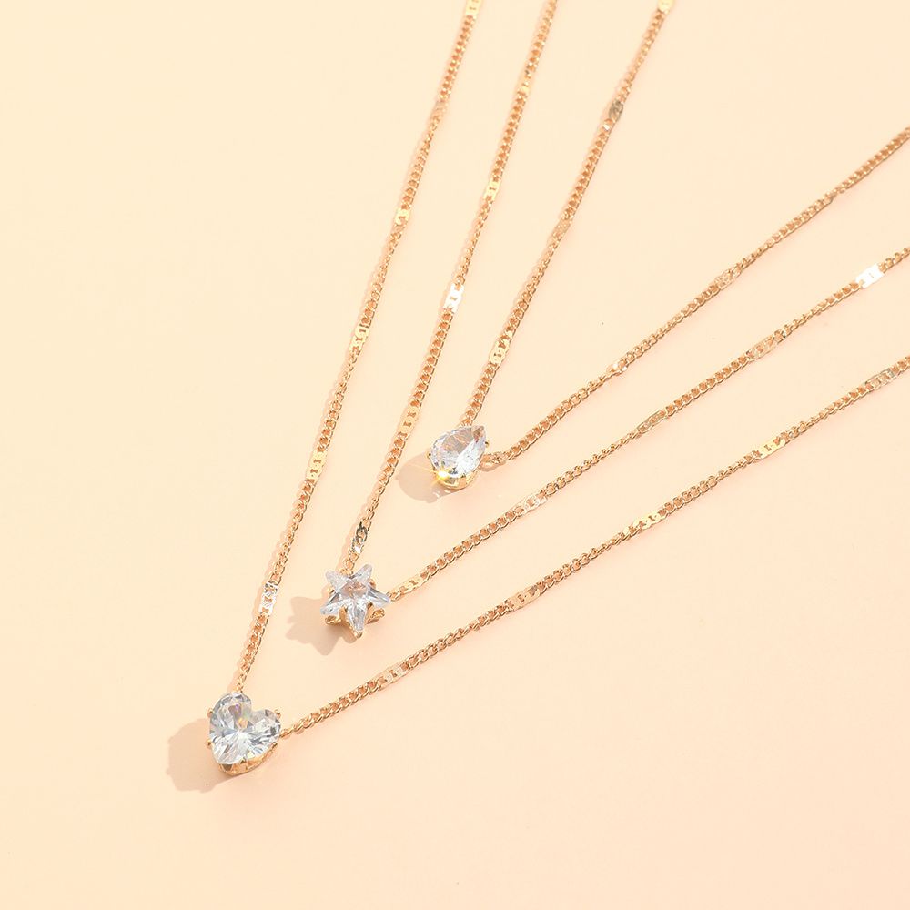 Collier Zircon Multi-Couches - Étoile et Goutte d'Eau - Bijou Élégant Femme