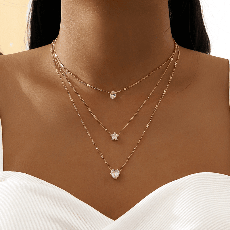 Collier Zircon Multi-Couches - Étoile et Goutte d'Eau - Bijou Élégant Femme