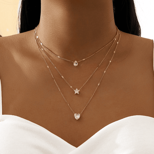 Collier Zircon Multi-Couches - Étoile et Goutte d'Eau - Bijou Élégant Femme